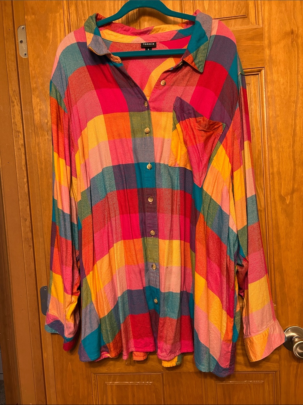 Torrid Lizzie Brushed Flannel Bright Rainbow Check Plaid Shirt size 6 🩷